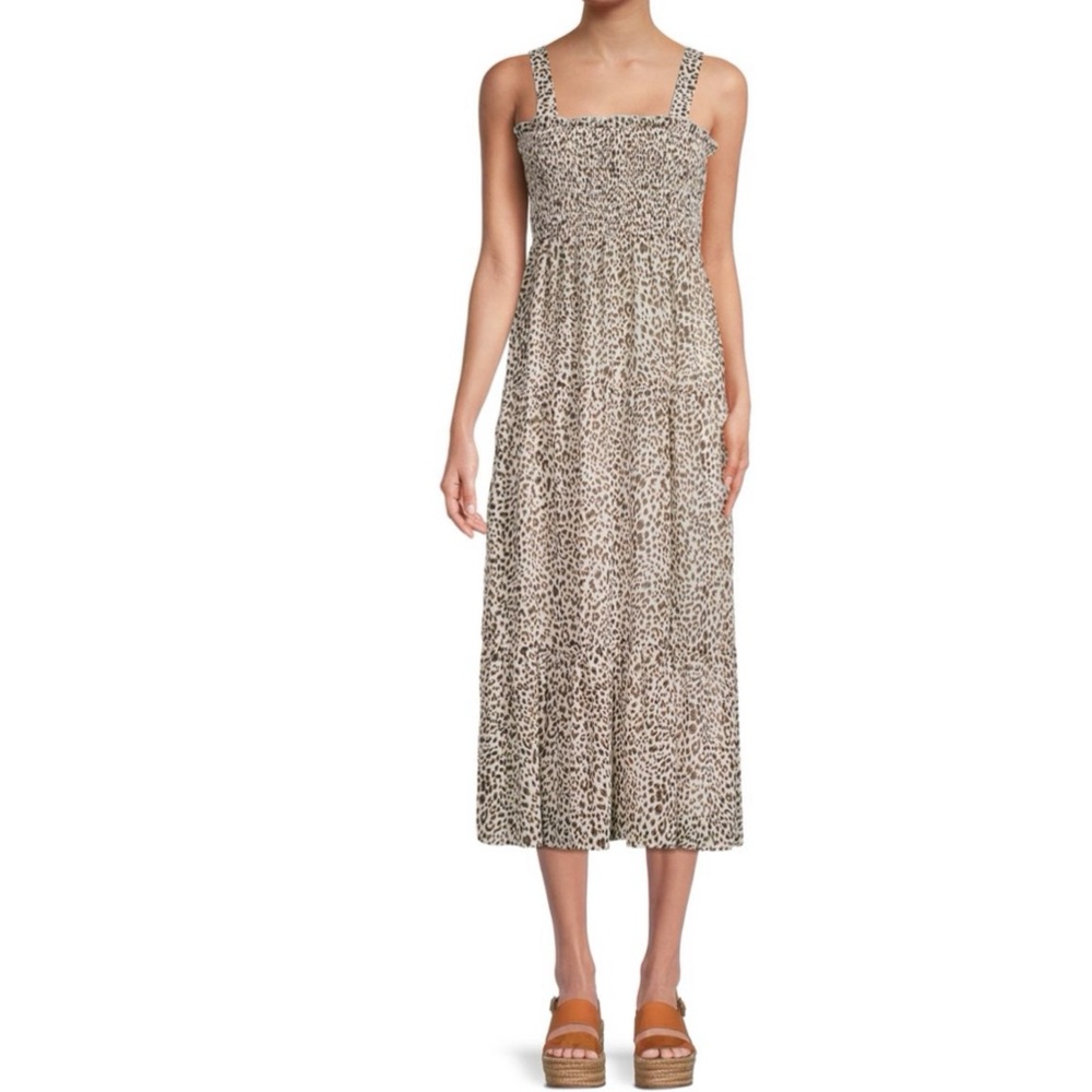 Sam Edelman Leopard Cheetah Animal Print Smocked Bodice Midi Sun Dress Sz 6